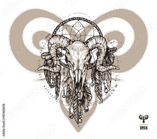 Tattoo aries and dream catcher. Zodiac sign with decorative elements of Indian and boho