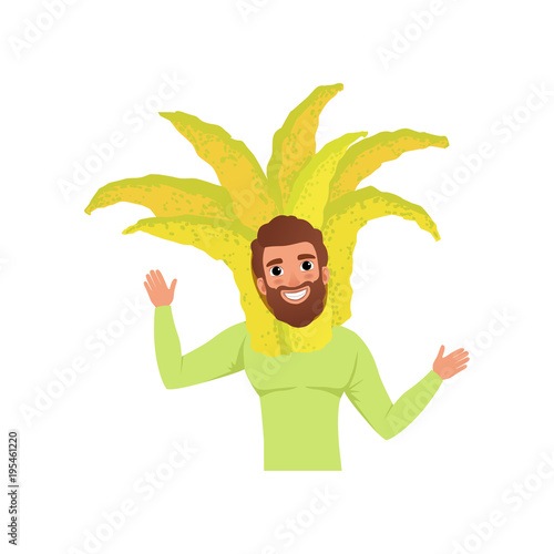 Smiling man character in fingered citron fruit headwear, vector Illustration on a white background
