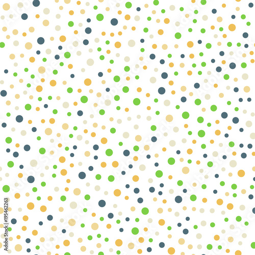 Colorful polka dots seamless pattern on white 13 background. Excellent classic colorful polka dots textile pattern. Seamless scattered confetti fall chaotic decor. Abstract vector illustration.