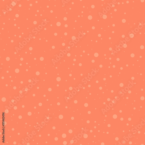 Light polka dots seamless pattern on coral background. Fair classic light polka dots textile pattern in restrained colours. Seamless scattered confetti fall chaotic decor. Vector illustration.