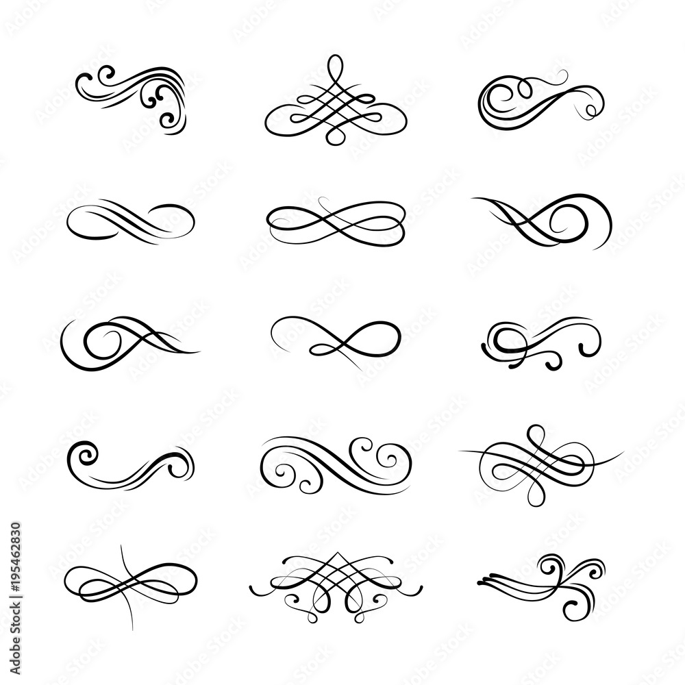 Set flourishes. Calligraphic and page decoration design elements. Swirl, scroll and divider. - obrazy, fototapety, plakaty 