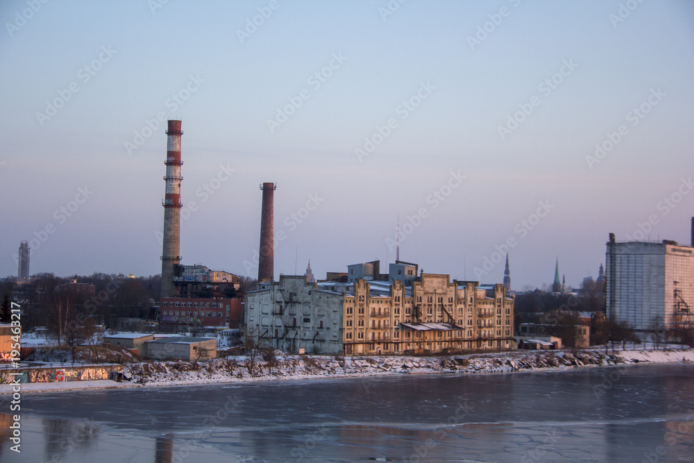 Port of Riga, Latvia. Frozen River Daugava at Winter Time Port of Riga, Latvia. Frozen River Daugava at Winter Time