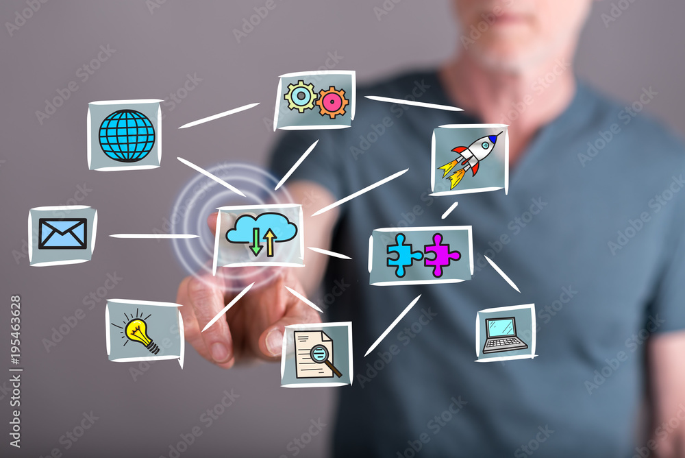 Man touching a cloud computing concept on a touch screen Man touching a cloud computing concept on a touch screen