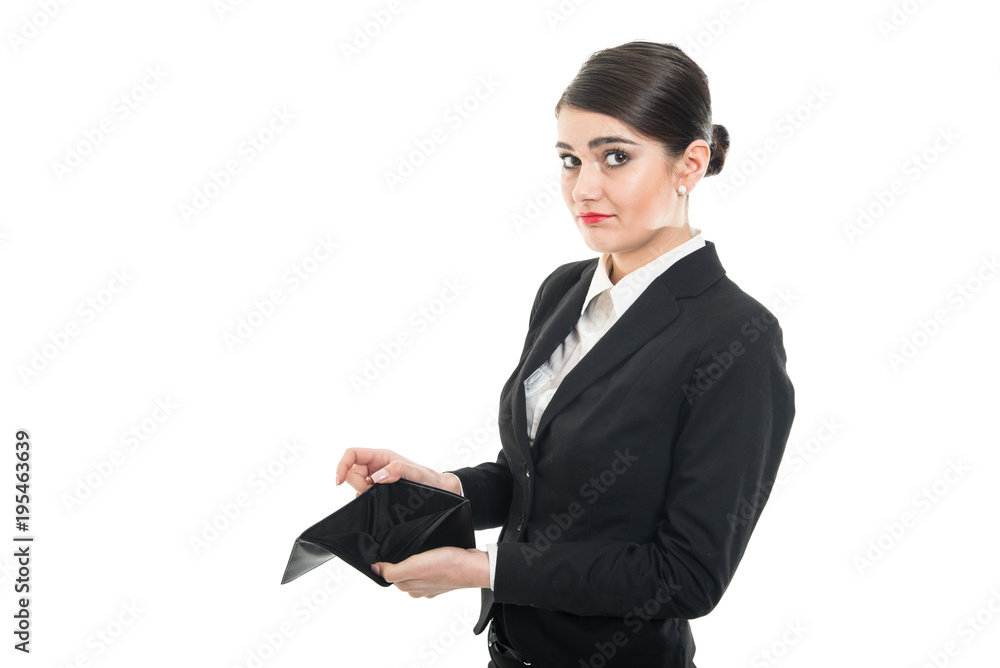 Beautiful female flight attendant looking in wallet being sad Beautiful female flight attendant looking in wallet being sad