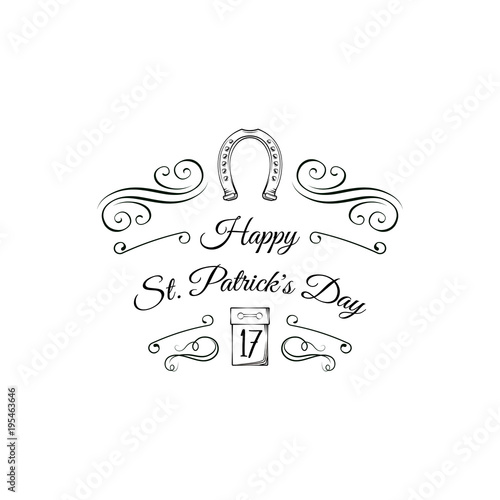 St. Patrick s Day label. 17 Tear-off calendar, horseshoe and swirls. Vector illustration.