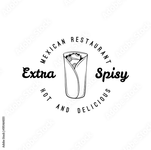 Burito icon. Mexican restaurant logo label. Mexican food, cuisine. Vector illustration.
