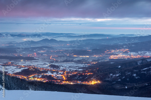 Fototapeta Naklejka Na Ścianę i Meble -  Jeleniogorska Valley from Karkonosze mountains at night, Silesia, Poland