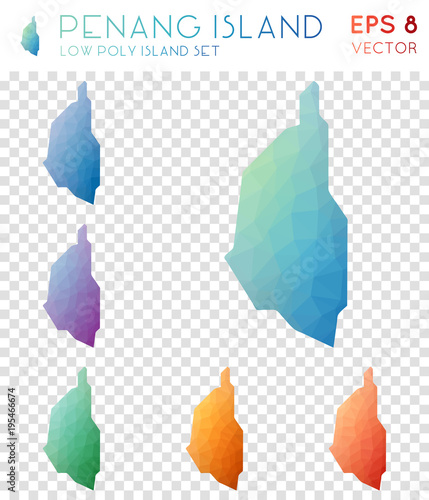 Penang Island geometric polygonal maps, mosaic style island collection. Favorable low poly style, modern design. Penang Island polygonal maps for infographics or presentation.