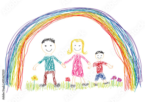 Vector drawing made by a child, happy family in the spring with rainbow