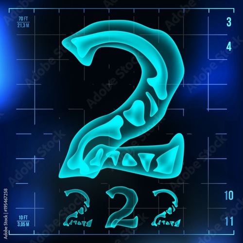 2 Number Vector. Two Roentgen X-ray Font Light Sign. Medical Radiology Neon Scan Effect. Alphabet. 3D Blue Light Digit With Bone. Medical, Hospital, Pirate, Futuristic Style. Illustration