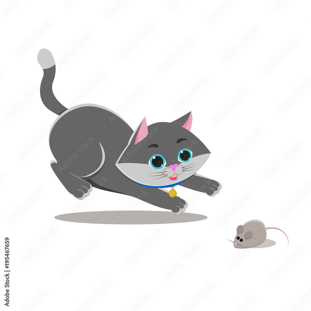 Gray funny cat jumping playing with a little quick mouse. Cartoon  Characters. Stock Illustration | Adobe Stock