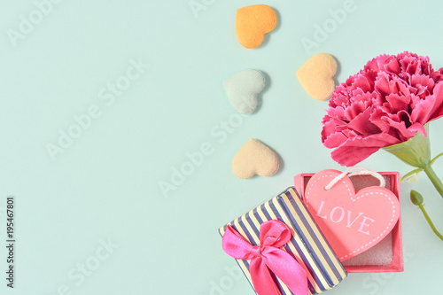 May Mother's Day Carnation Bunch of Flowers Bouquet with love gift Top View, Blank for Text, Blue Green 