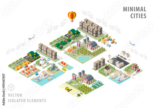 Set of Isolated Isometric Minimal City Maps. Elements with Shadows on White Background