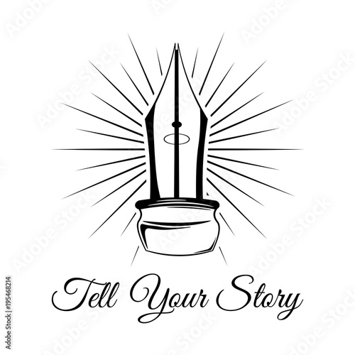 Feather pen, quill on white background with beams. .