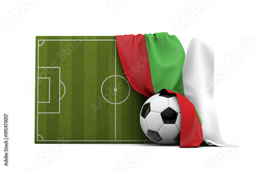 Bulgaria country flag draped over a football soccer pitch and ball. 3D Rendering © ink drop