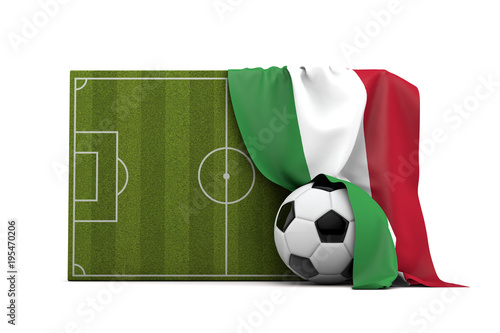 Hungary country flag draped over a football soccer pitch and ball. 3D Rendering © ink drop
