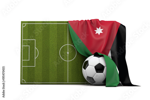 Jordan country flag draped over a football soccer pitch and ball. 3D Rendering © ink drop