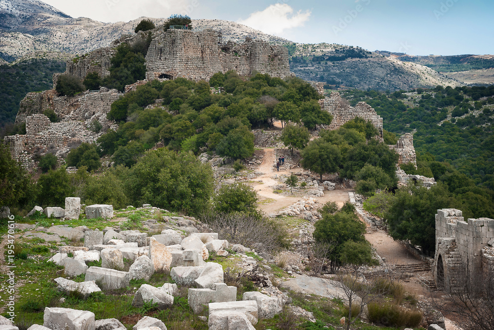 Ruins of the Nimrod Fortress (Mivtzar Nimrod), a medieval fortress. National Park. An ancient castle of crusaders on the Great Rock situated in the northern Golan Heights, Israel. 
