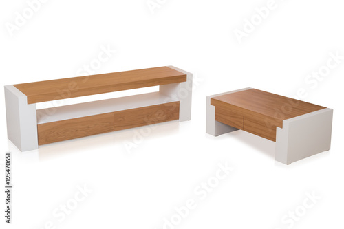 Modern wooden sideboard with coffee table isolated on white background