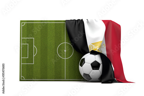 Egypt country flag draped over a football soccer pitch and ball. 3D Rendering
