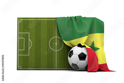 Senegal country flag draped over a football soccer pitch and ball. 3D Rendering © ink drop