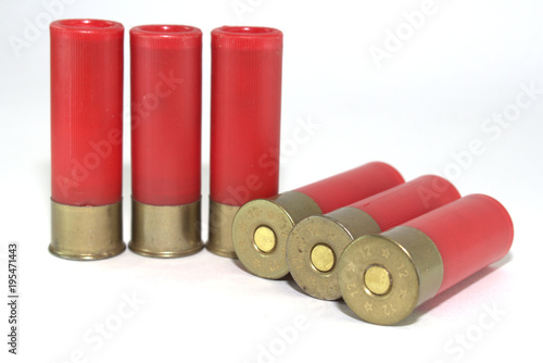 six old cartridges for shotgun soviet production on white background close-up