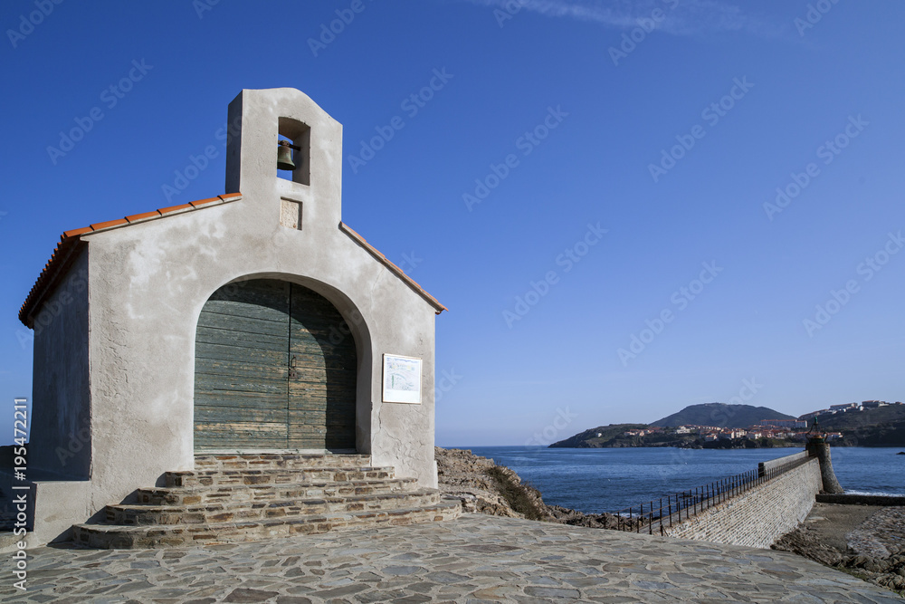  Mediterranean view, architecture, religious building, chapel saint vincent in french village of Collioure, Cote Vermeille, Occitanie, France.