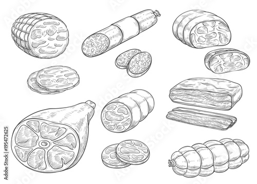Vector sketch iocon of meat and sausage products