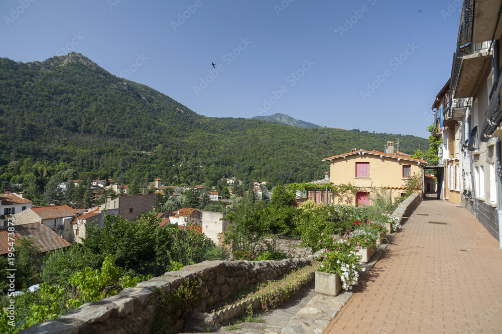 Fototapeta premium View of Vernet-les-Bains, french village in pyrenees mountain. Vernet-les-Bains, France.