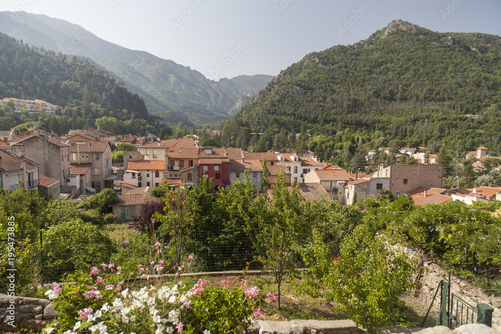 View of Vernet-les-Bains, french village in pyrenees mountain. Vernet-les-Bains, France.