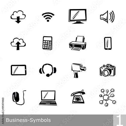Vector line icons set of business symbols in unique rough and jagged design with a collection of free scalable black and white illustrations and graphics for print and web, chart 1 of a series, nobody