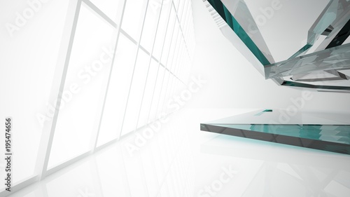 Abstract white and colored gradient glasses interior multilevel public space with window. 3D illustration and rendering.