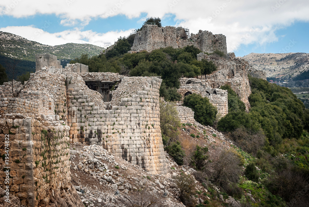 Ruins of the Nimrod Fortress (Mivtzar Nimrod), a medieval fortress situated in the northern Golan Heights, Israel.