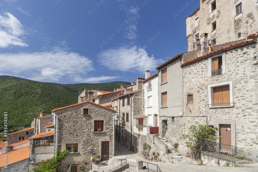 Village view, small and picturesque french village,member of Les Plus Beaux Villages de France (The most beautiful villages of France).Mosset,Pyrenees-Orientales,Occitanie.France.