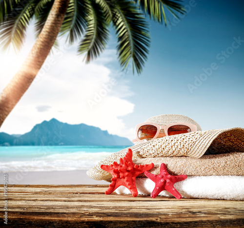 summer desk of free space and beach background place 