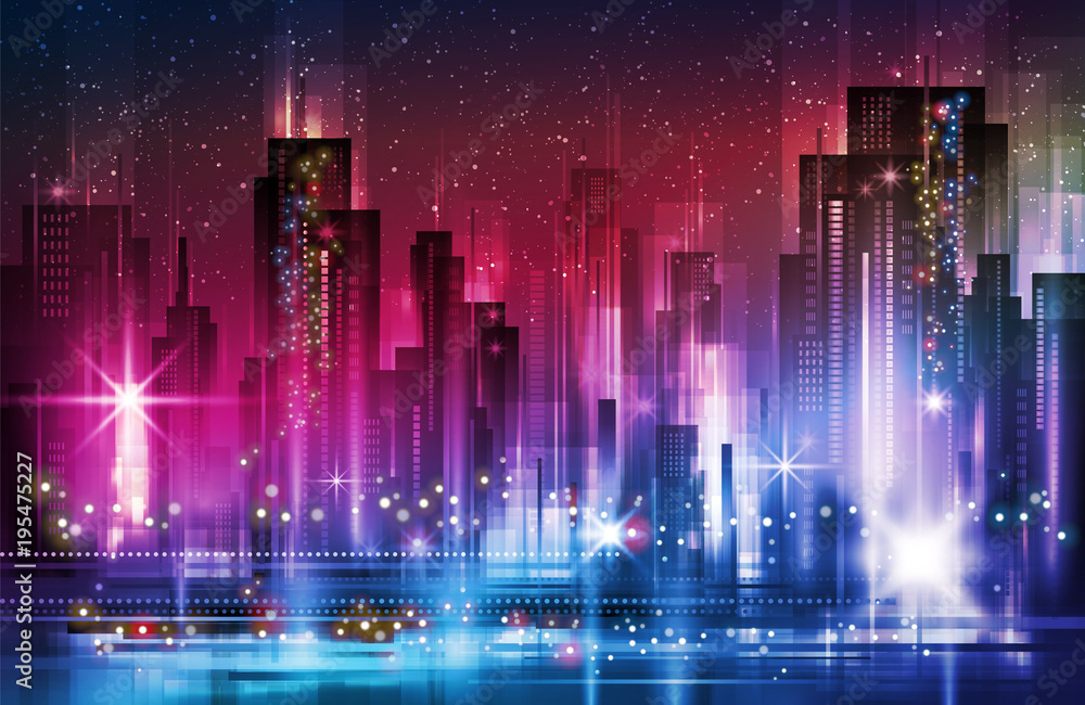 illustration of night scene of city with illuminated building