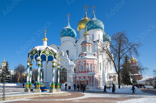 Sergiev Posad, Moscow region, Russia - February 27, 2018: The Holy Trinity- Sergius Lavra. Cathedral of the Dormition and Assumption well of the chapel  