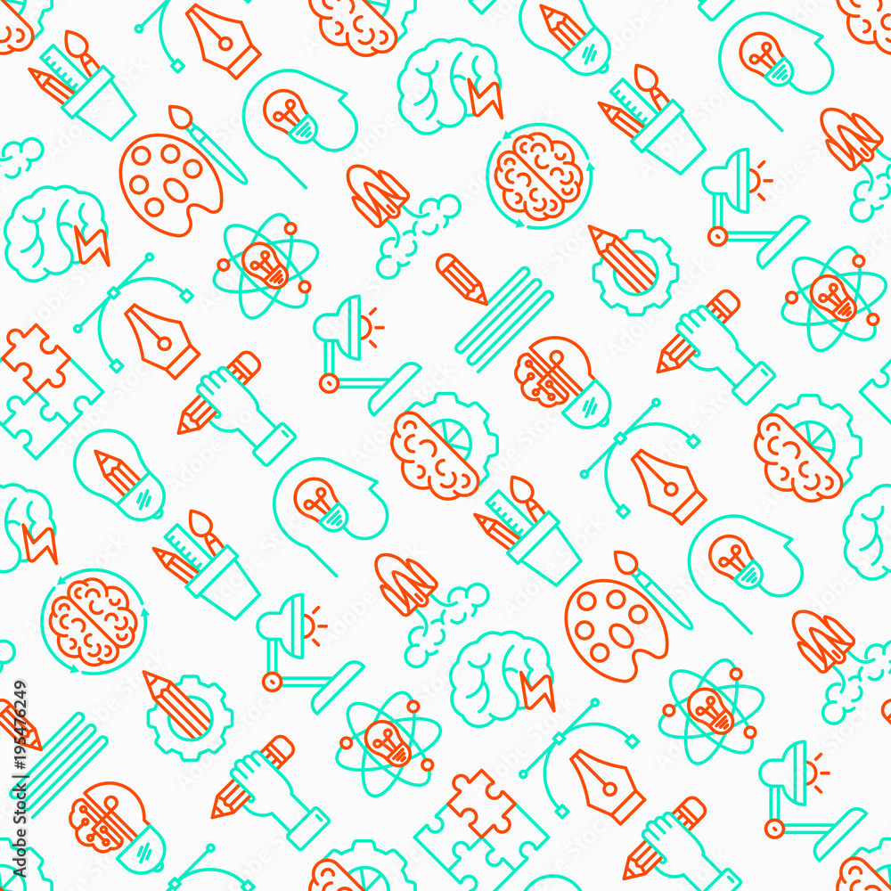 Creative seamless pattern with thin line icons: generation of idea, start up, brief, brainstorming, puzzle, color palette, creative vision, genius, solving problem. Modern vector illustration.