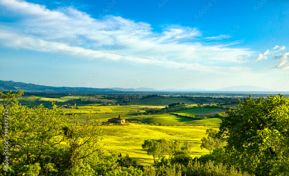 Fototapeta premium Wieś Maremma, krajobraz zachód słońca. Wyspa Elba na horyzoncie. Toskania, Włochy.
