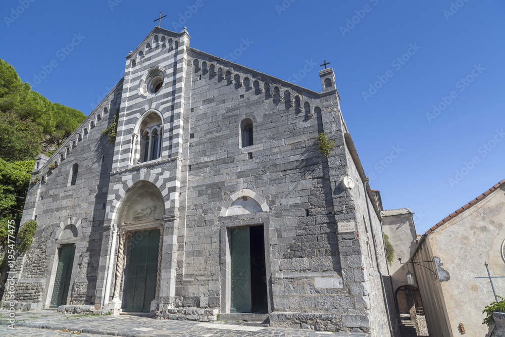 Church facade view, santuario della madona bianca, romanesque style,Portovenere. Italy.