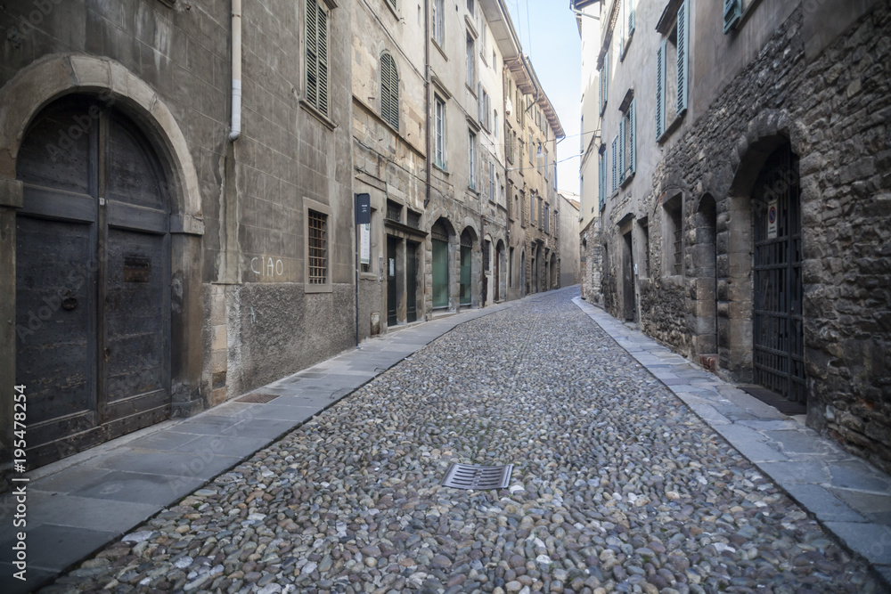 Ancient street view, Citta Alta, Bergamo, Italy.