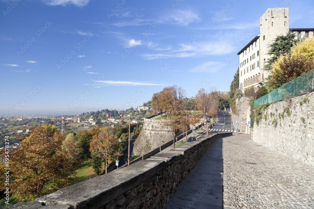 City view, ancient walls, Citta Alta, Bergamo, Italy.