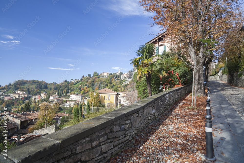 Landscape view around the city of Bergamo from Borgo Canale in Citta Alta, Italy.