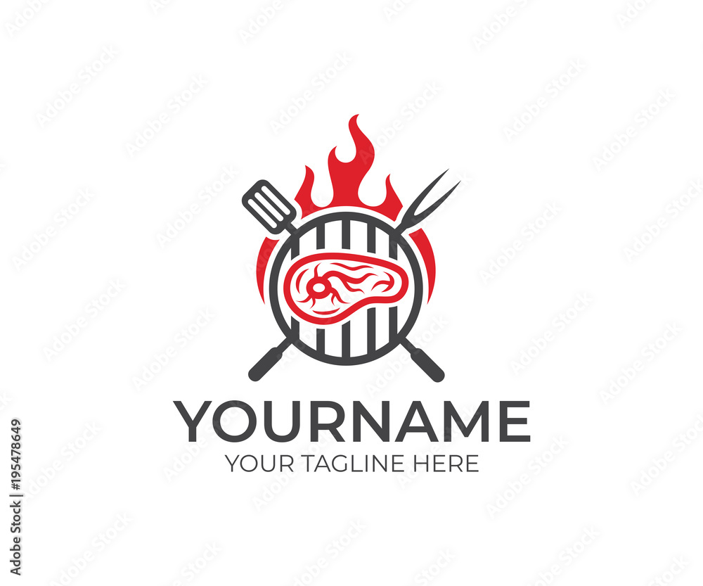 BBQ and steak with fire logo template. Grill and meat with fork and spatula vector design. Fast food illustration BBQ and steak with fire logo template. Grill and meat with fork and spatula vector design. Fast food illustration