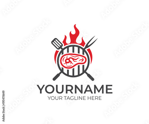 BBQ and steak with fire logo template. Grill and meat with fork and spatula vector design. Fast food illustration