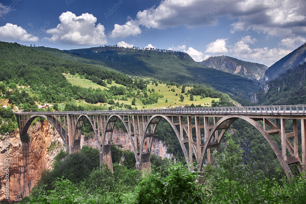 Old big bridge in Durdevica and fantastic view Tara river gorge - is the biggest one canyon in Europe in the national park Durmitor, Montenegro. Balkans. Old big bridge in Durdevica and fantastic view Tara river gorge - is the biggest one canyon in Europe in the national park Durmitor, Montenegro. Balkans.