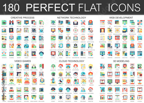180 vector complex flat icons concept symbols of creative process, network technology, web development, video games, cloud technology, 3d modeling. Web infographic icon design.