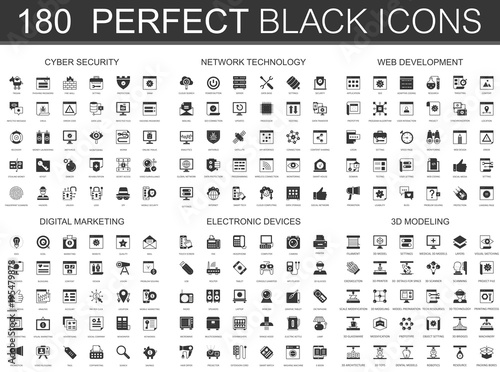 Cyber security, network technology, web development, digital marketing, electronic devices, 3d modeling black classic icon set.