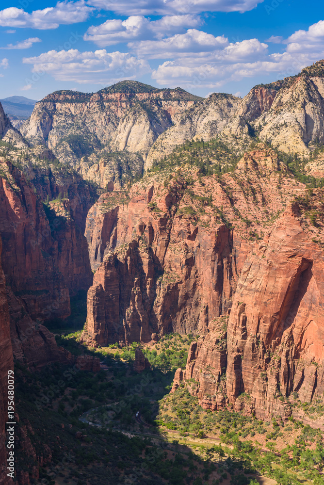 Naklejka premium Beautiful scenery in Zion National Park with the virgin river, Hiking along the Angel's Landing trail, Utah, USA