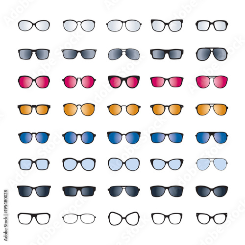 Set of color Sunglasses isolated. Vector Icons.